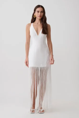 Abigail V Neck Fringe Maxi Dress – White