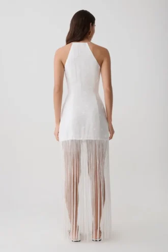 Abigail V Neck Fringe Maxi Dress – White
