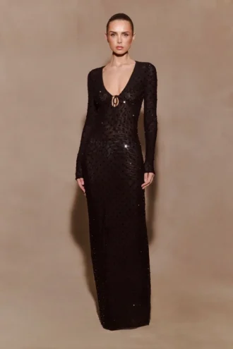 Acadia Diamante Long Sleeve Maxi Dress – Black