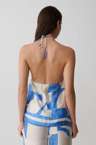 Adelaide Draped Satin Halter Top – Blue Geo Tile Print