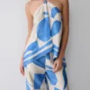 Adelaide Draped Satin Halter Top – Blue Geo Tile Print Adelaide Draped Satin Halter Top – Blue Geo Tile Print