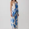 Adelaide Draped Satin Halter Top – Blue Geo Tile Print Adelaide Draped Satin Halter Top – Blue Geo Tile Print