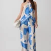 Adelaide Draped Satin Halter Top – Blue Geo Tile Print Adelaide Draped Satin Halter Top – Blue Geo Tile Print