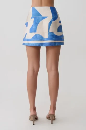 Adelaide Satin Mini Skirt – Blue Geo Tile Print