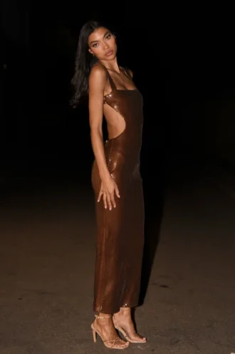 Adoria Sequin Cut Out Maxi Dress – Chocolate