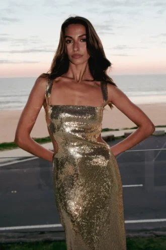 Adoria Sequin Cut Out Maxi Dress – Gold