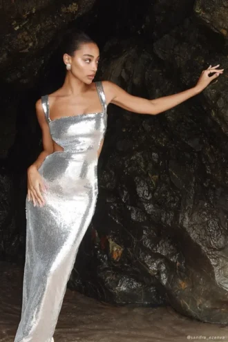 Adoria Sequin Cut Out Maxi Dress – Silver