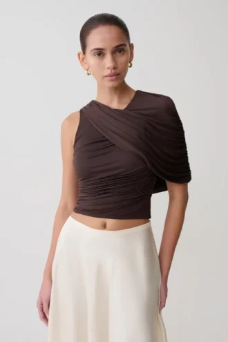 Adrienne One Shoulder Slinky Top – Chocolate