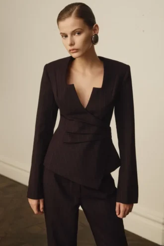 Agatha Square Neck Blazer – Plum Pinstripe