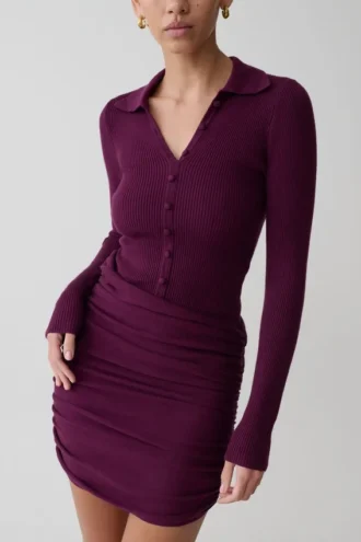 Agness Long Sleeve Button Up Knit Dress – Plum