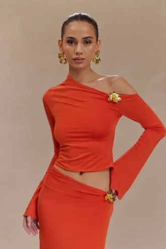 Ainsley Asymmetrical Long Sleeve Top With Floral Hardware – Burnt Orange