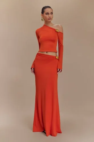 Ainsley Asymmetrical Maxi Skirt With Floral Hardware – Burnt Orange