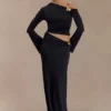 Ainsley Asymmetrical Maxi Skirt With Floral Hardware – Black Ainsley Asymmetrical Maxi Skirt With Floral Hardware – Black