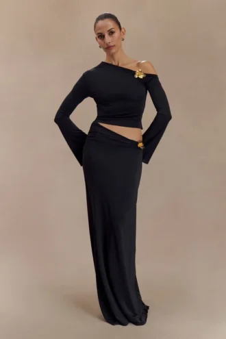 Ainsley Asymmetrical Maxi Skirt With Floral Hardware – Black