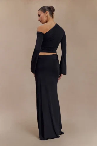 Ainsley Asymmetrical Maxi Skirt With Floral Hardware – Black