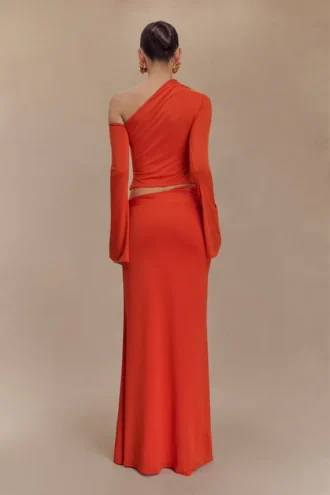 Ainsley Asymmetrical Maxi Skirt With Floral Hardware – Burnt Orange