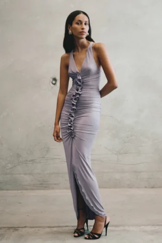 Alessandra Slinky Ruffle Maxi Dress – Grey