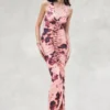 Alessandra Slinky Ruffle Maxi Dress – Pink Blurred Floral Print