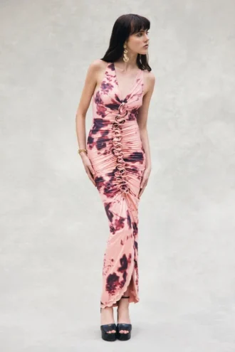 Alessandra Slinky Ruffle Maxi Dress – Pink Blurred Floral Print