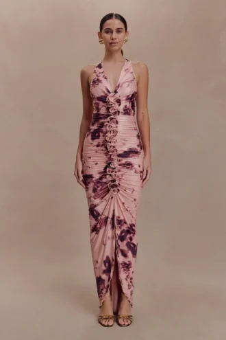 Alessandra Slinky Ruffle Maxi Dress – Pink Blurred Floral Print