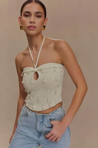 Aletta Knit Pearl Halter Top – Ivory