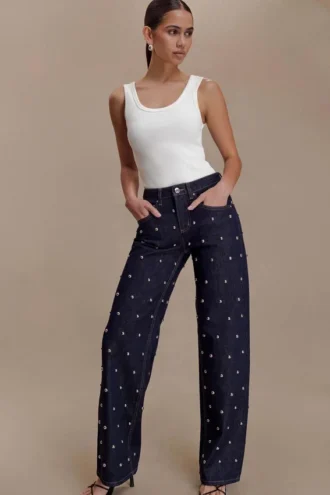 Alima Mid Rise Stud Denim Jeans – Washed Indigo Blue