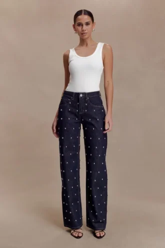Alima Mid Rise Stud Denim Jeans – Washed Indigo Blue