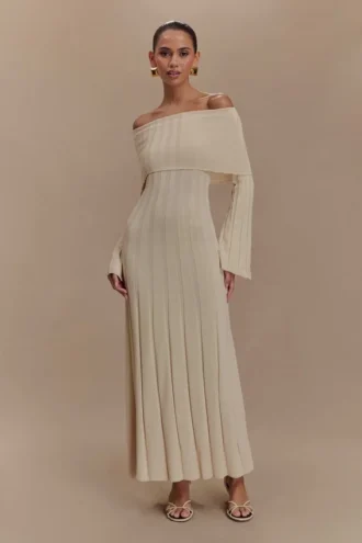 Alonza Long Sleeve Knit Midi Dress – Cream