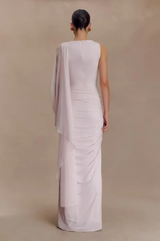 Amandine Ruched Slinky Maxi Dress – Pale Pink