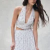 Amaris Sleeveless Plisse Halter Top – Floral Ditsy Print