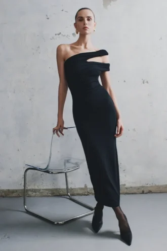 Anastasia One Shoulder Modal Midi Dress – Black