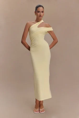 Anastasia One Shoulder Modal Midi Dress – Pale Lemon