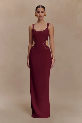 Angelique Beaded Crepe Maxi Dress – Wine