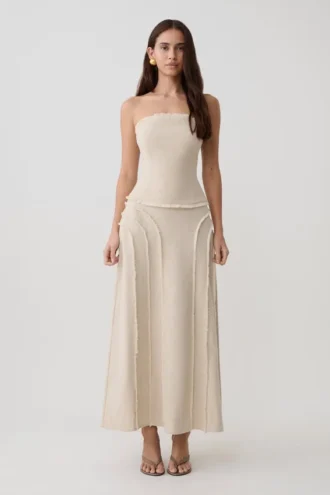 Annie Linen Frayed Midi Skirt – Natural