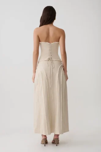 Annie Linen Frayed Midi Skirt – Natural