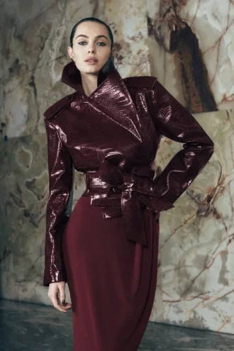 Archie Croc Faux Leather Cropped Jacket – Burgundy