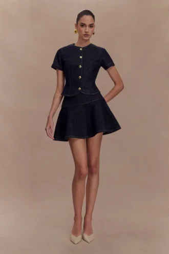 Bethany Short Sleeve Buttoned Denim Top – Washed Indigo Blue