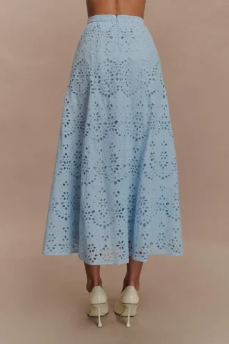 Arla Broderie Midi Skirt – Pale Cornflower Blue