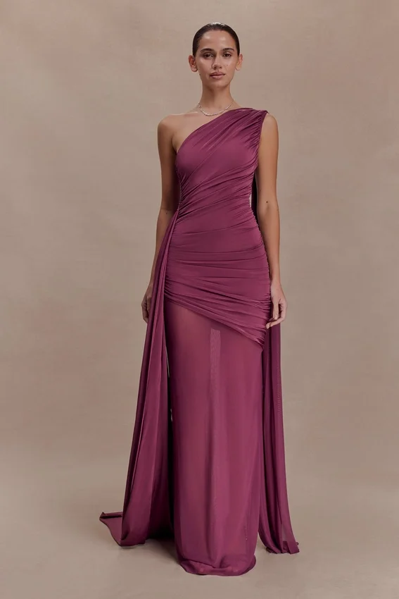 Asher Slinky One Shoulder Maxi Dress – Neutral Plum Asher Slinky One Shoulder Maxi Dress – Neutral Plum