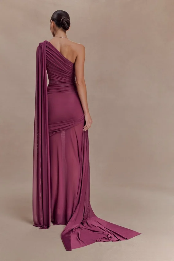 Asher Slinky One Shoulder Maxi Dress – Neutral Plum Asher Slinky One Shoulder Maxi Dress – Neutral Plum