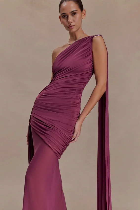 Asher Slinky One Shoulder Maxi Dress – Neutral Plum Asher Slinky One Shoulder Maxi Dress – Neutral Plum
