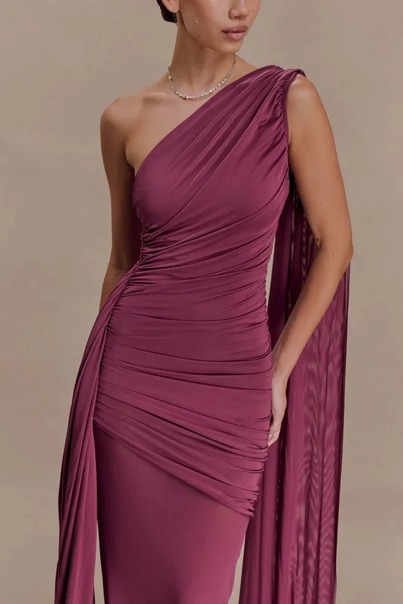 Asher Slinky One Shoulder Maxi Dress – Neutral Plum Asher Slinky One Shoulder Maxi Dress – Neutral Plum