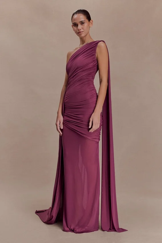 Asher Slinky One Shoulder Maxi Dress – Neutral Plum Asher Slinky One Shoulder Maxi Dress – Neutral Plum