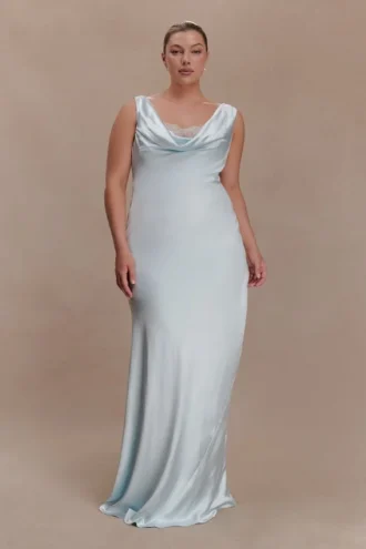 Ashley Cowl Neck Lace And Satin Maxi Dress – Ice Blue