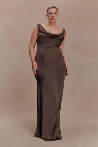 Ashley Cowl Neck Lace And Satin Maxi Dress – Mocha