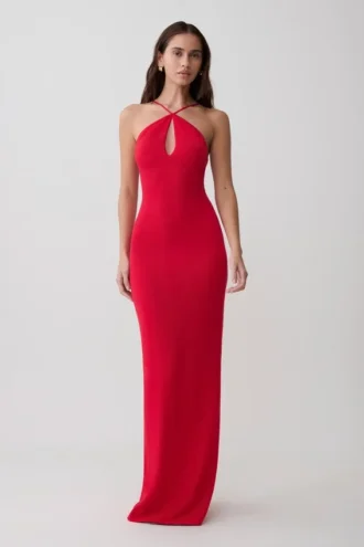 Ashtin Cross Front Knit Maxi Dress – Red