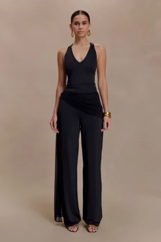 Aspyn Slinky Gathered Wide Leg Pants – Black