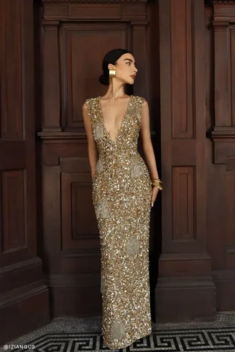 Astor Hand Embellished Maxi Dress – Gold