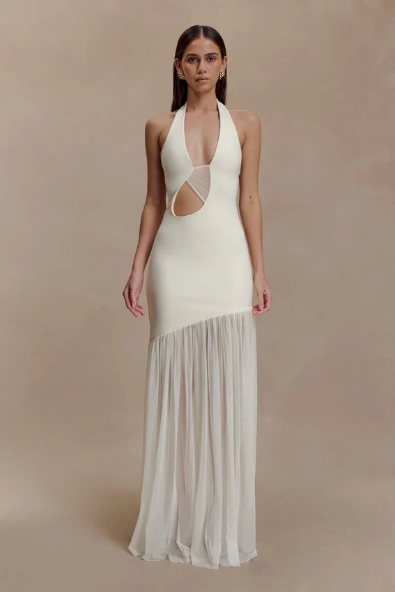 Aubree Crepe And Mesh Maxi Dress – Ivory Aubree Crepe And Mesh Maxi Dress – Ivory
