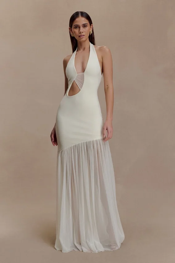 Aubree Crepe And Mesh Maxi Dress – Ivory Aubree Crepe And Mesh Maxi Dress – Ivory
